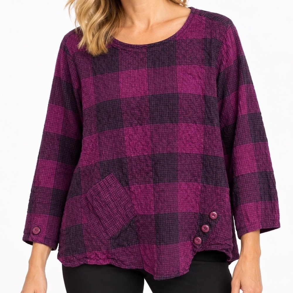 Habitat Clothes To Live In Purple Plaid Crinkle Button Top Size L 46511